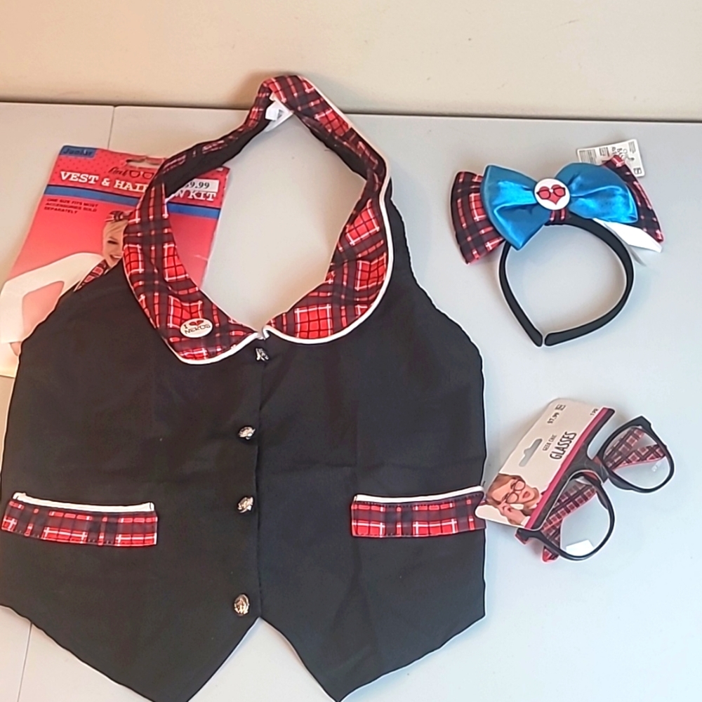 Geek chic vest, bow head band and glasses set.
